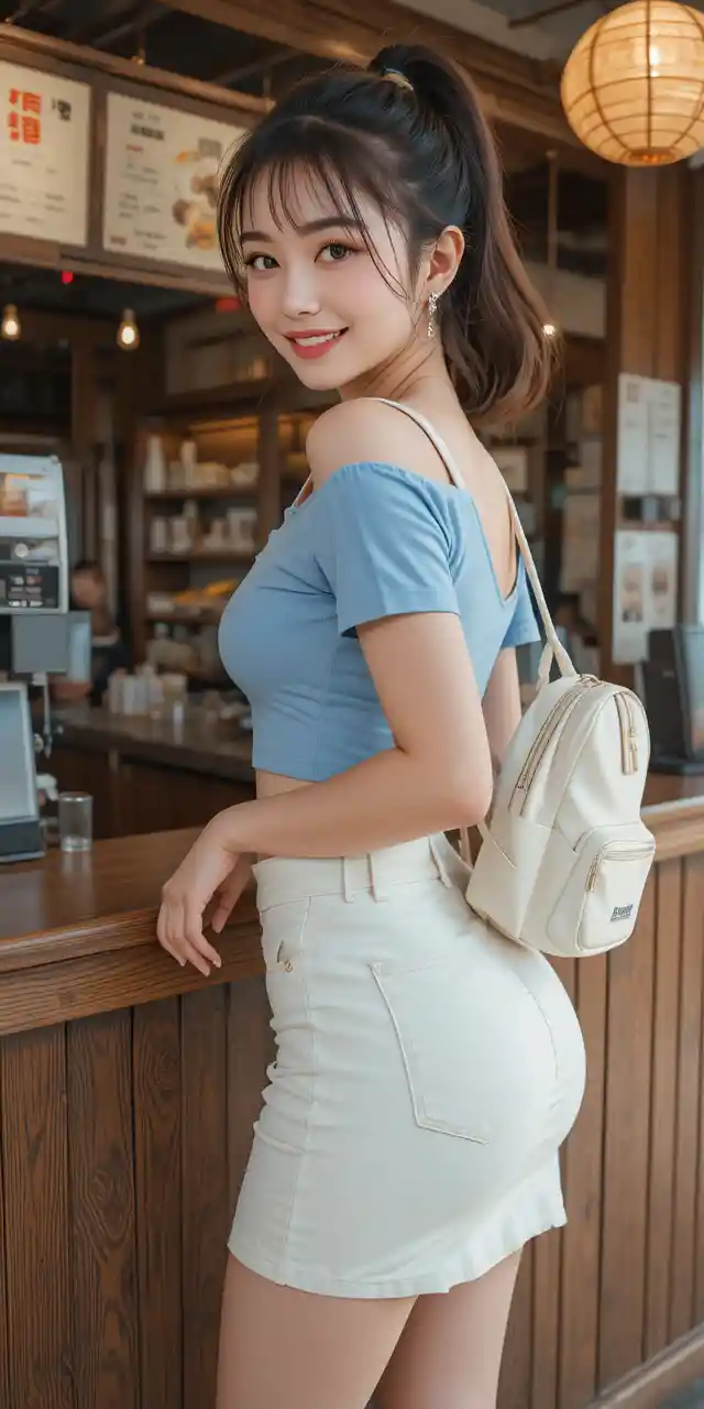 Sweet woman in blue top at Taiwanese breakfast counter