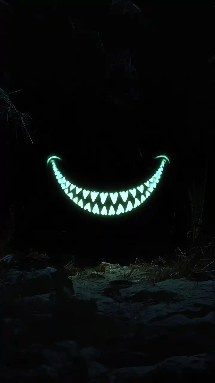 Schwebendes fluoreszierendes Grinsen in einer dunklen Leere