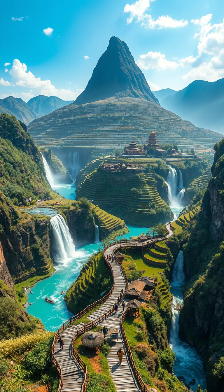 Terraced mountain waterfall temple in a fantasy valley