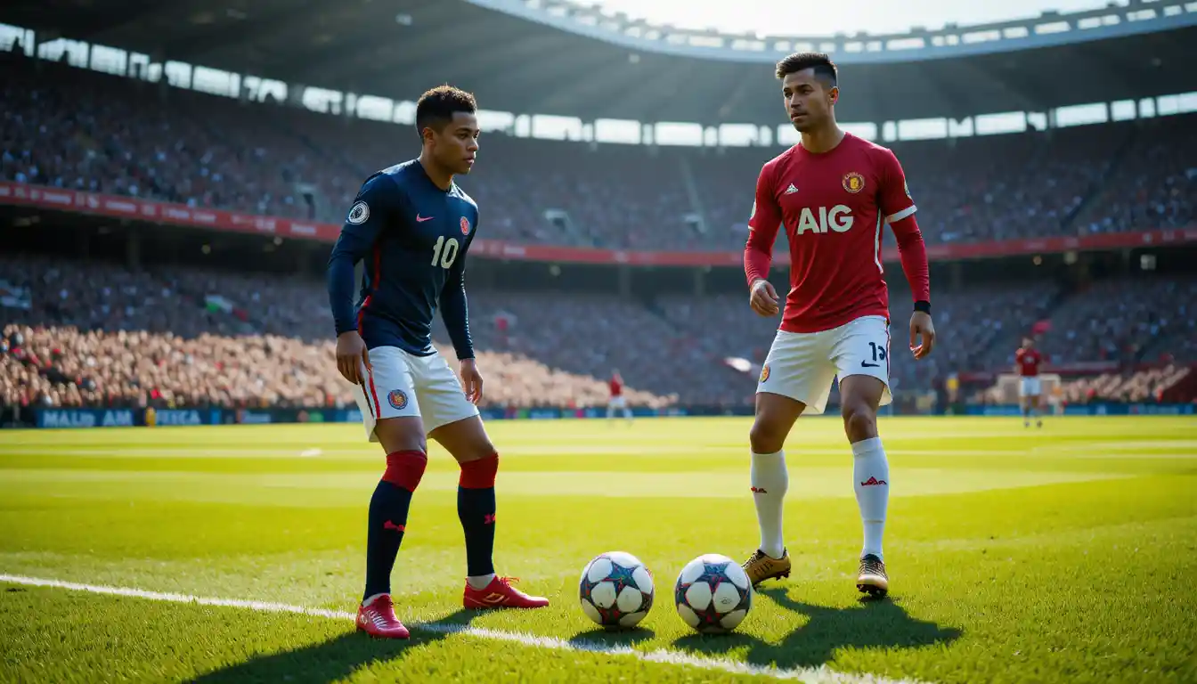 Two rival soccer stars facing off on sunny field