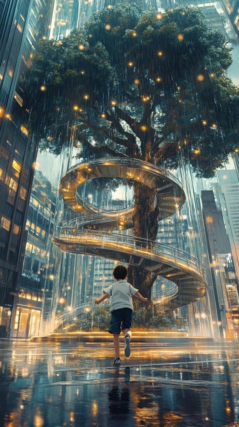 Schoolboy running down rainy spiral stairs in the city