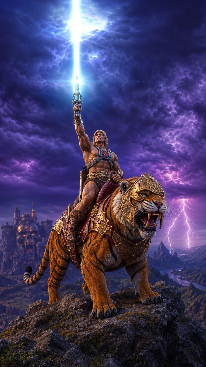 Heroic warrior on armored tiger unleashing skyward energy beam