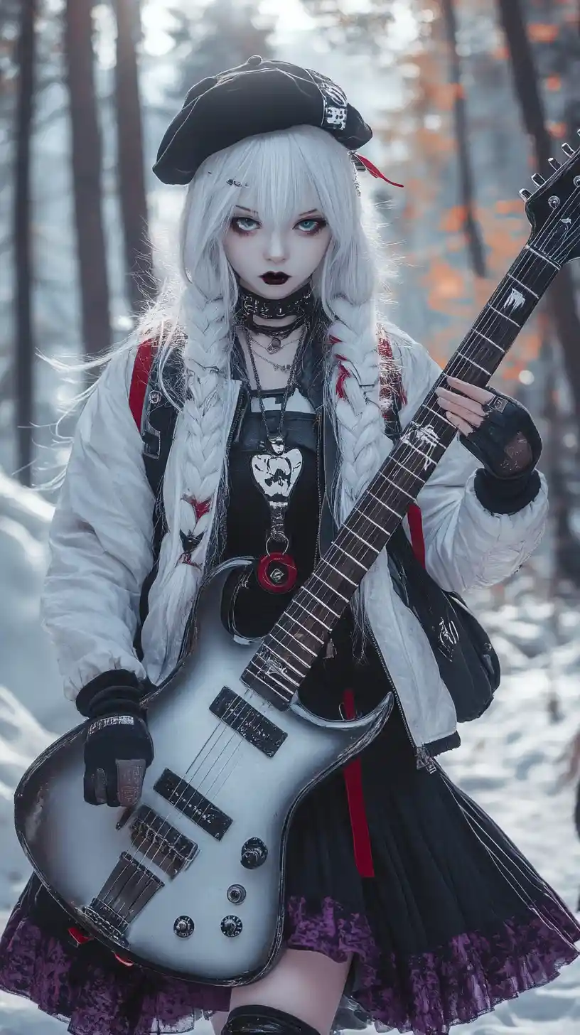 Marble Greek statue in punk jacket playing electric guitar