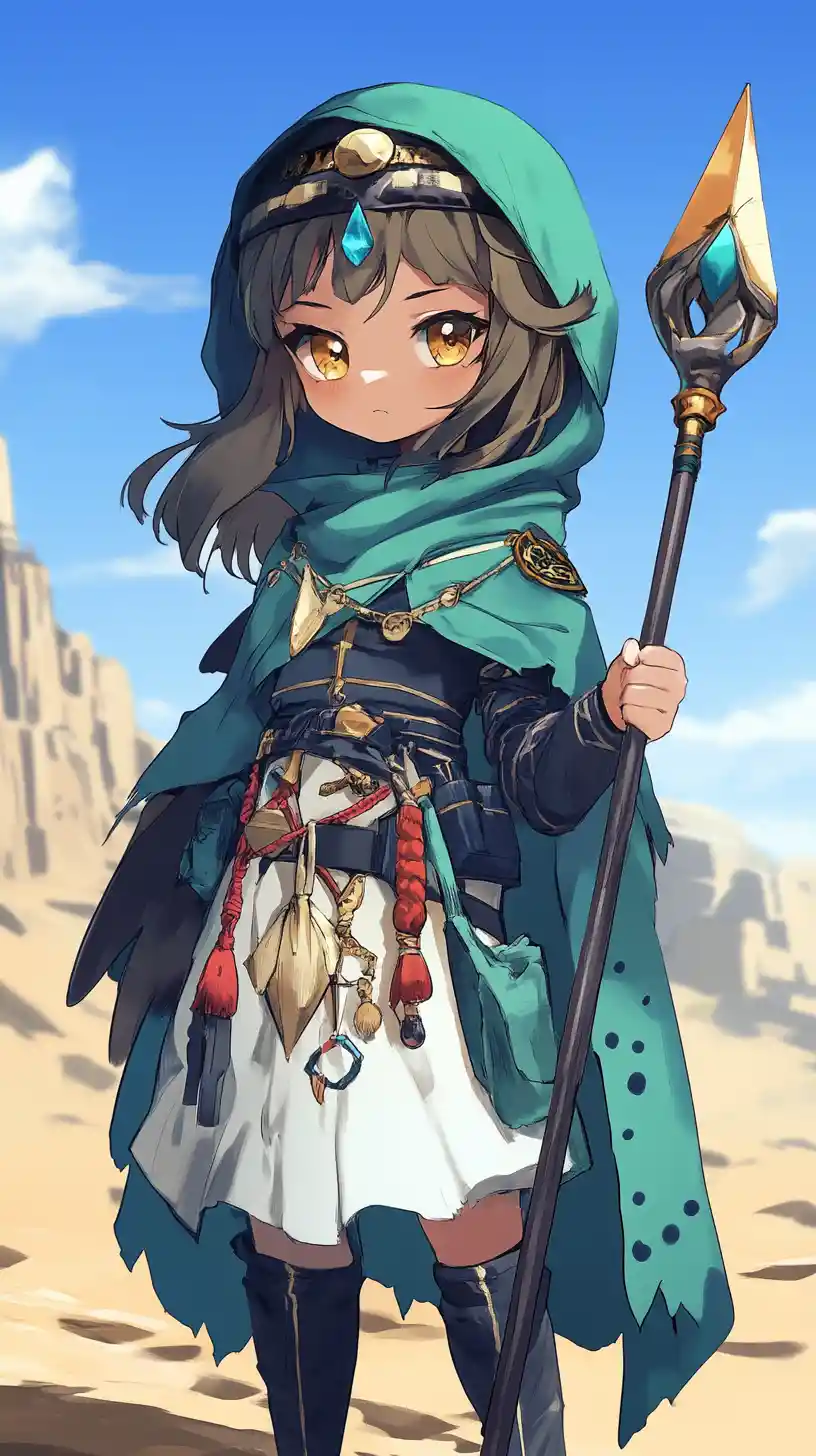 Chibi angel girl with spear before a desert castle