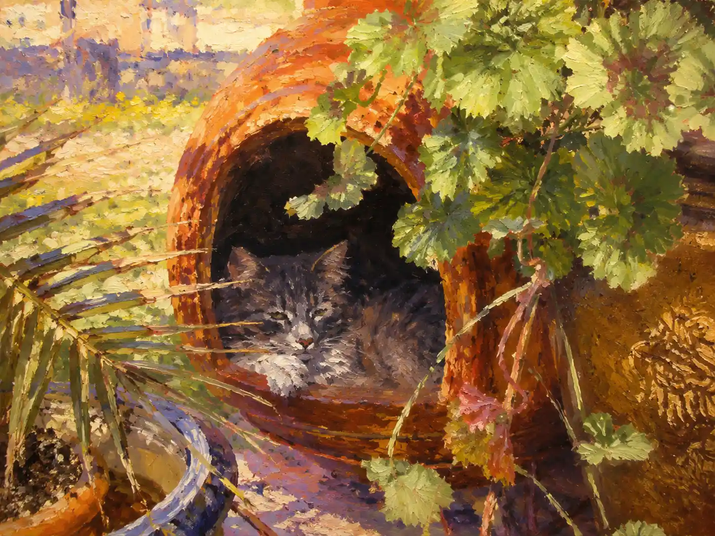 Oil painting of a relaxed cat resting in a brazier