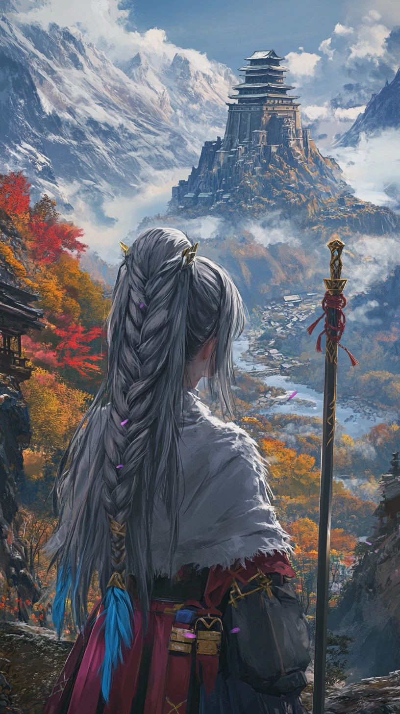 Snowy mountains and autumn valley at foggy sunset