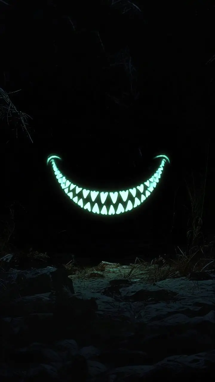 Sorriso fluorescente fluttuante in un vuoto oscuro