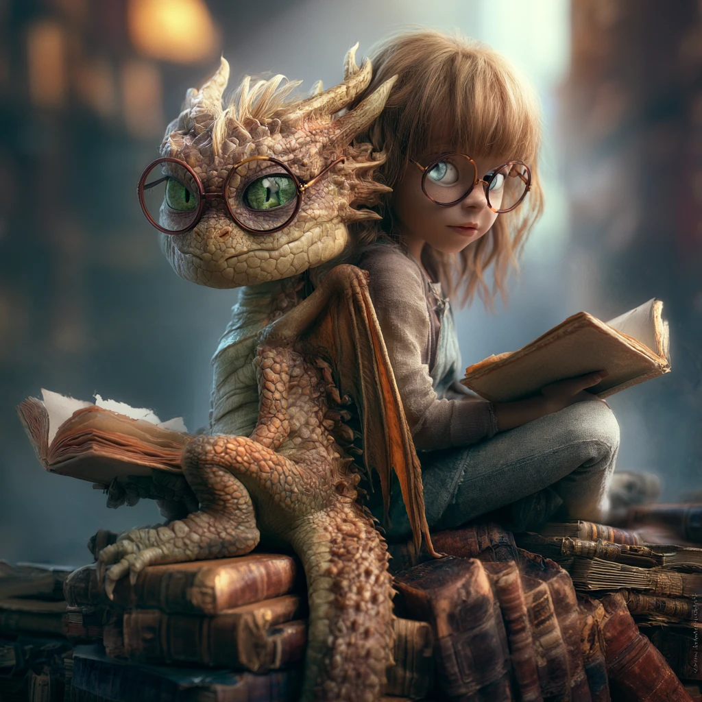 Niña y joven dragón leyendo juntos sobre libros gigantes