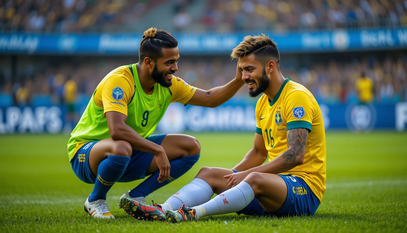 Brazilian soccer player comforted by teammate on field