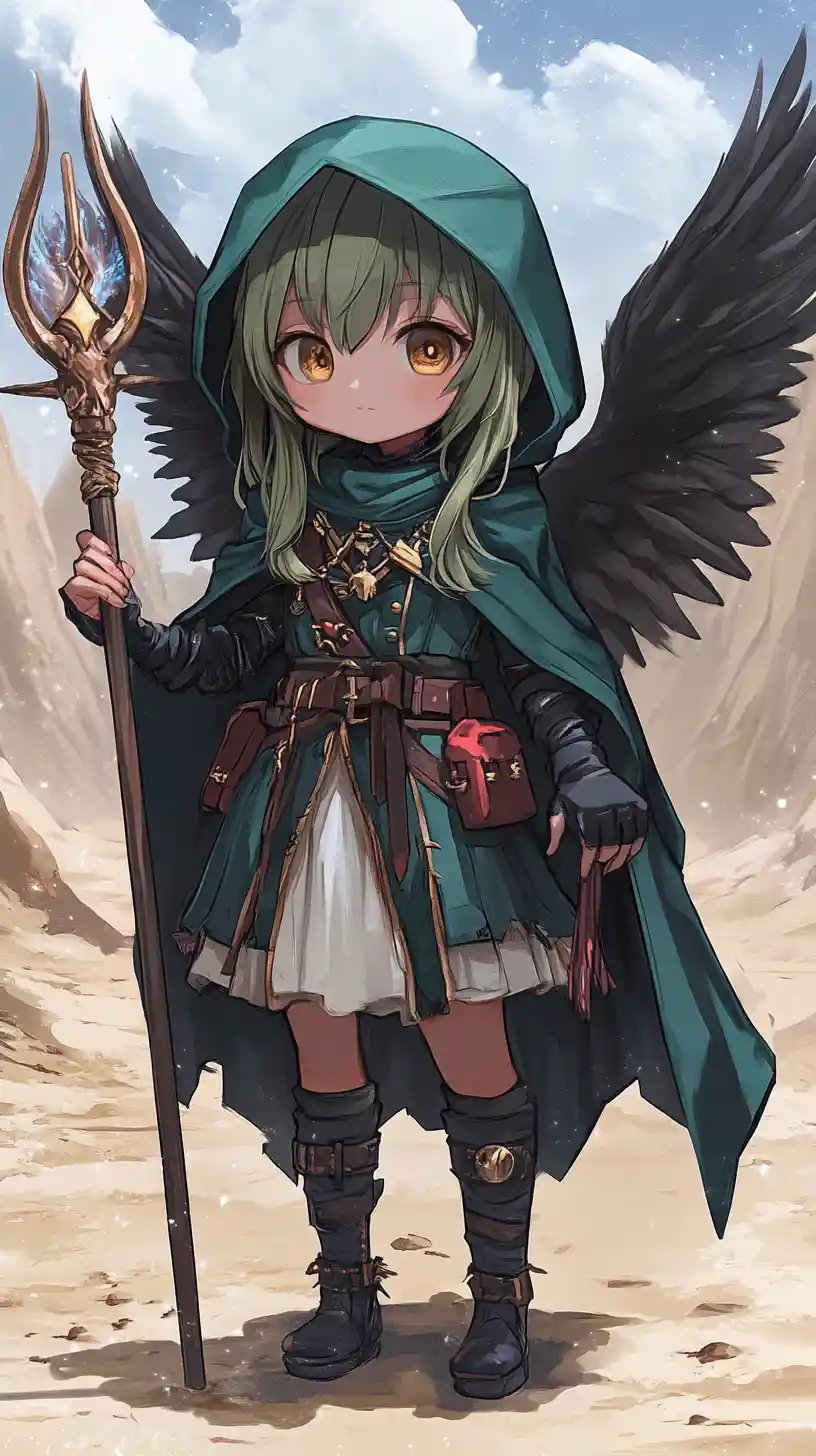 Chibi angel girl with spear before desert castle