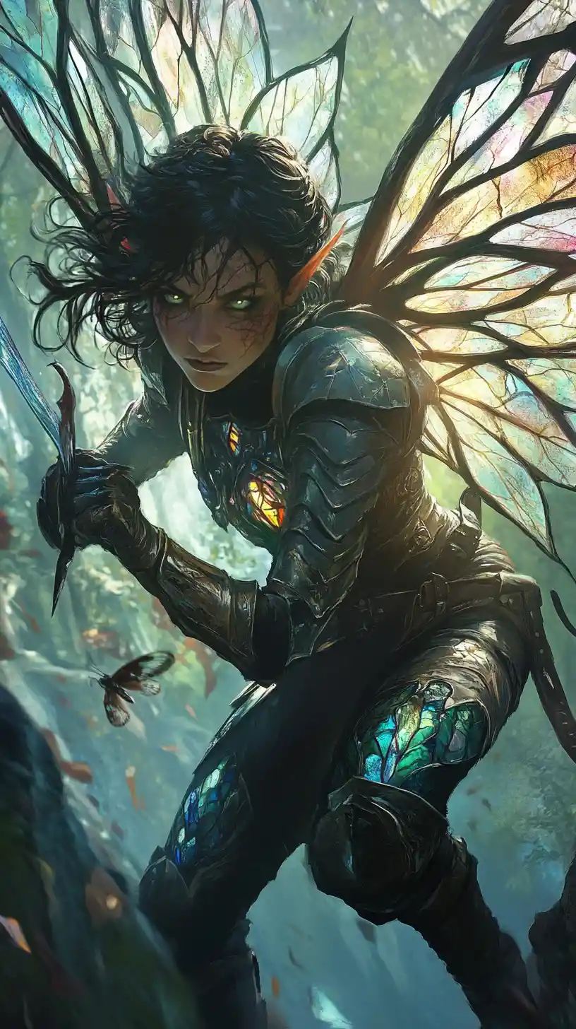 Fierce fairy duelist poised to strike in glowing armor