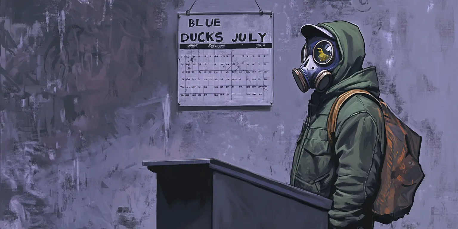 Man in duck gas mask speaking at urban graffiti podium