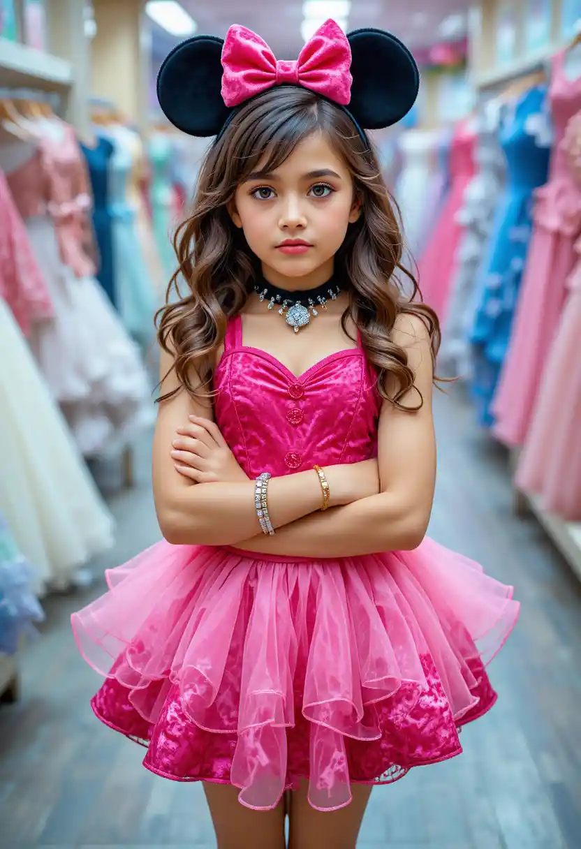 Embarrassed Young Girl In Pink Minnie Dress At Disneyland Shop