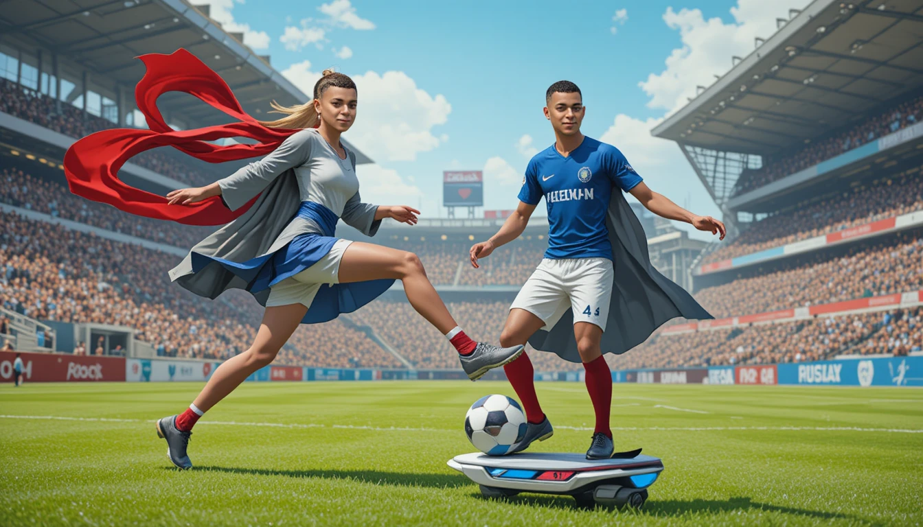 Soccer star and anime woman sharing a surreal field