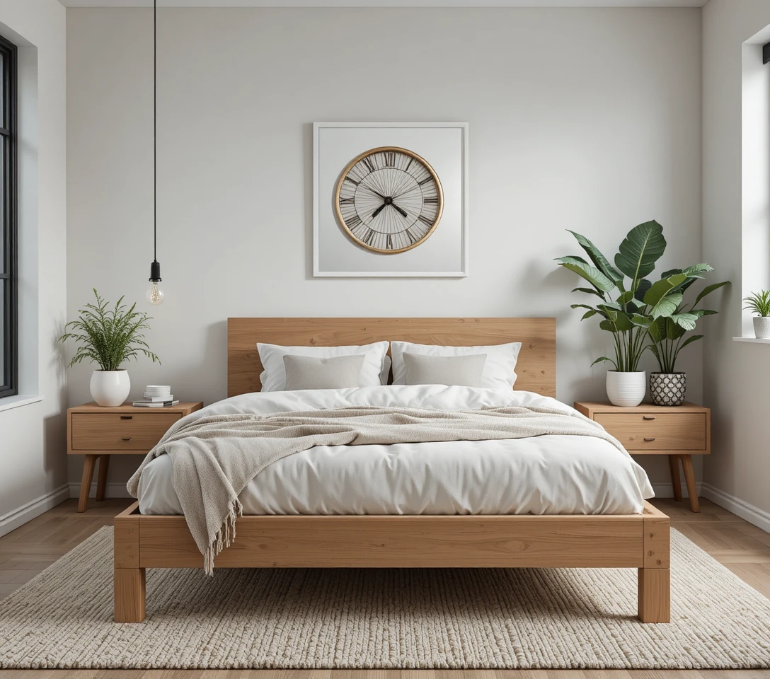 Scandinavian bedroom with oak bed and indoor plants