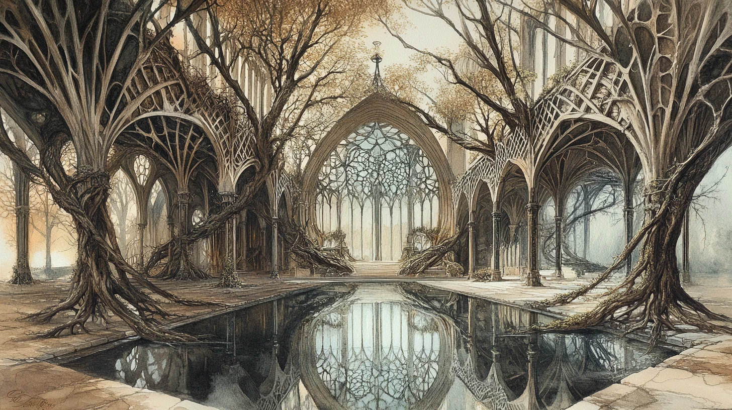 Gothic sanctuary formed from mirrored botanical architecture