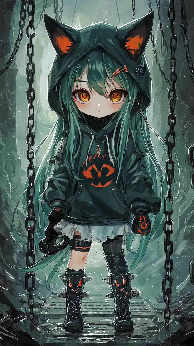 Chibi anime girl with green hair and wolf themed outfit