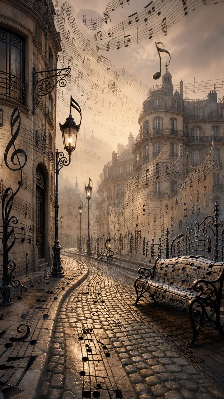 Surreal European street transforming into flowing sheet music