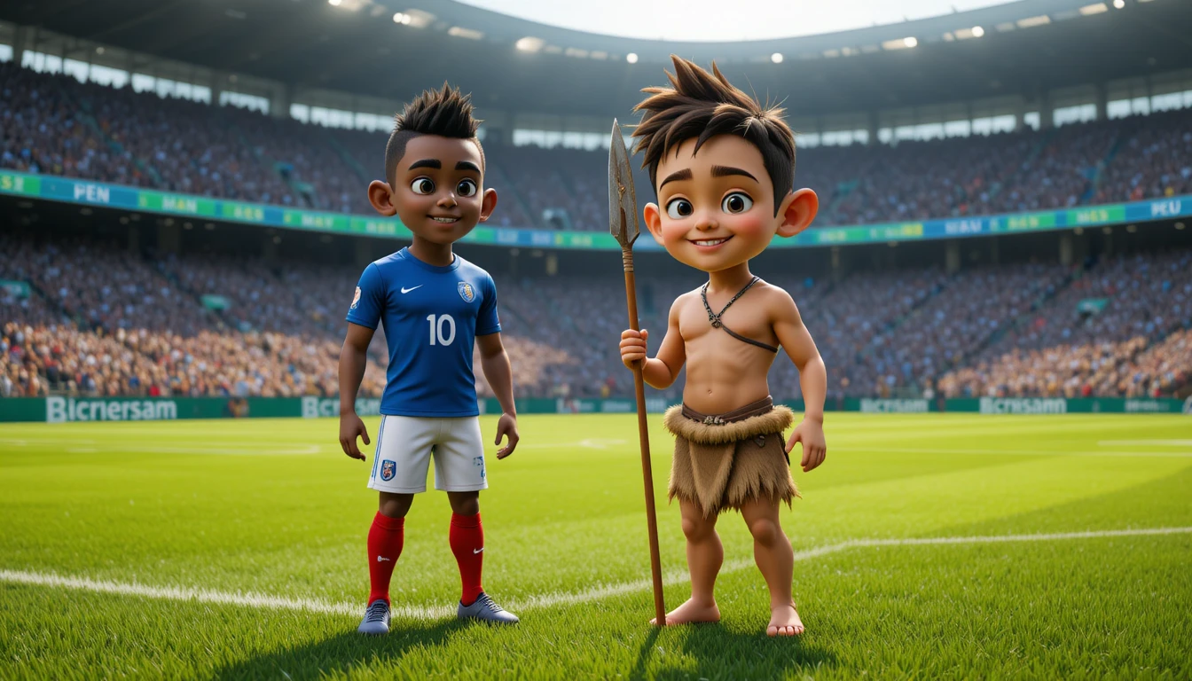 Soccer star and prehistoric boy on bright stadium field