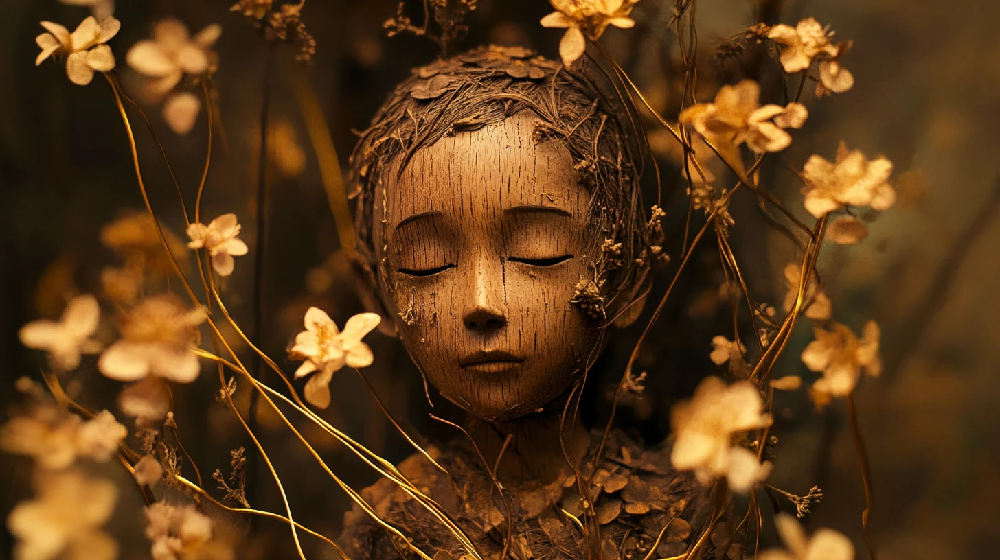 Wooden puppet boy in a surreal vine filled garden