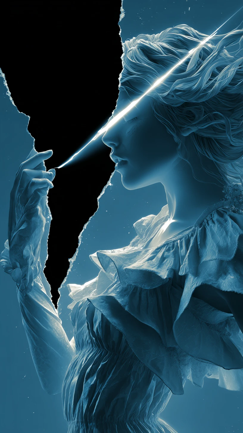 Ethereal woman emerging through a torn veil of reality