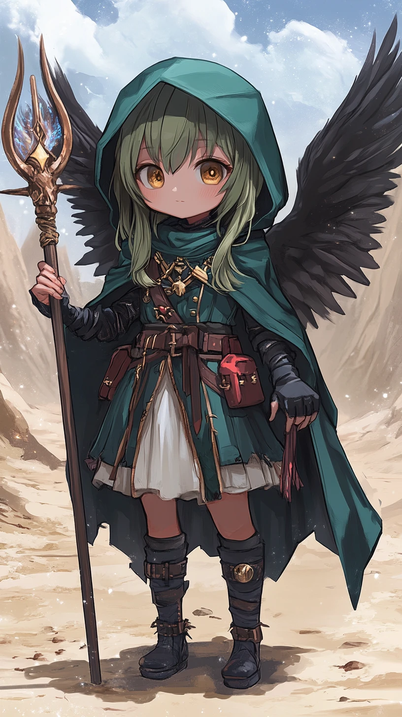 Chibi angel girl with spear before desert castle