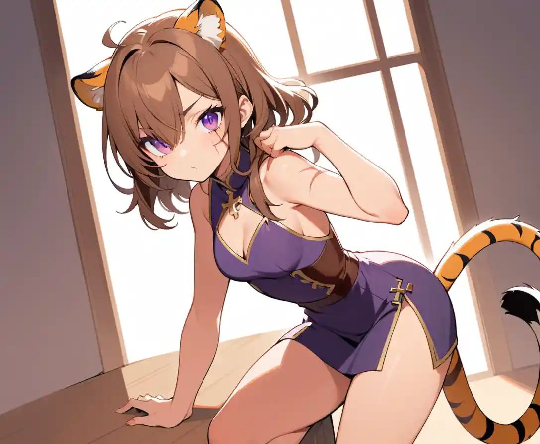 Scarred fantasy woman with tiger ears and violet eyes