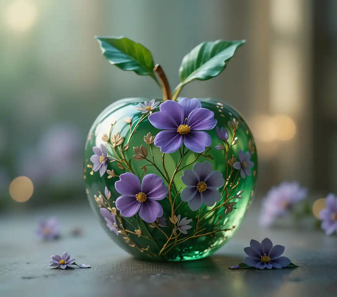 Green glass apple with purple flowers and gold accents