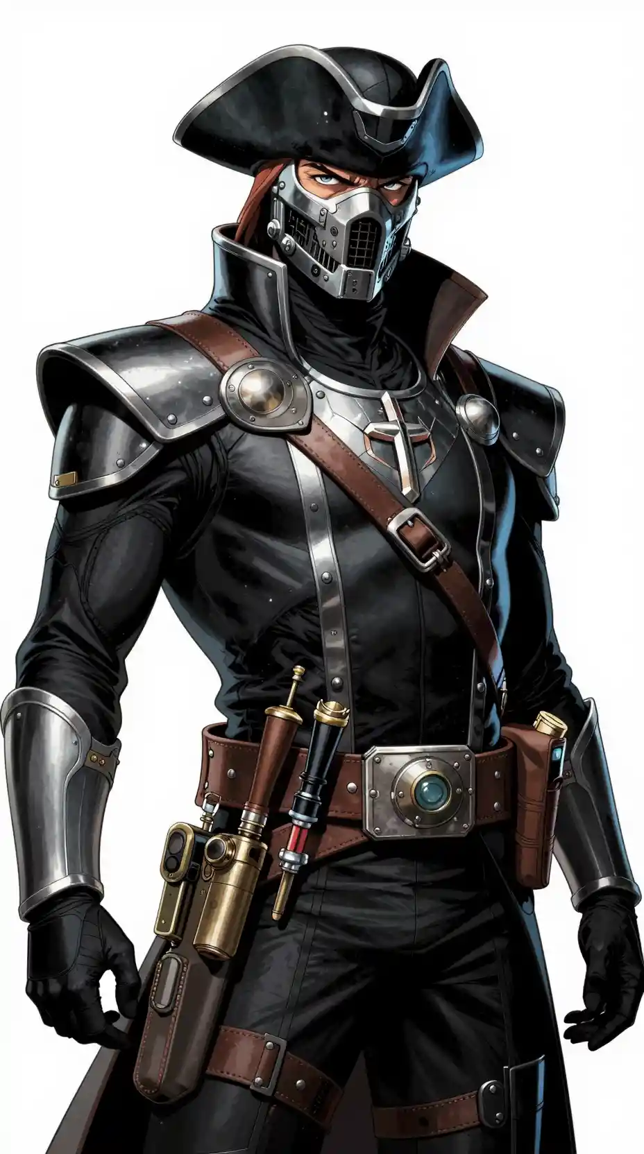 Masked space warlord in black and silver futuristic armor
