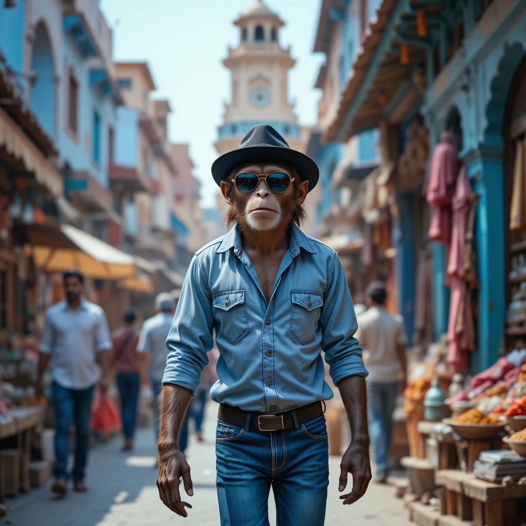 Stylish monkey walking through busy Jodhpur street market