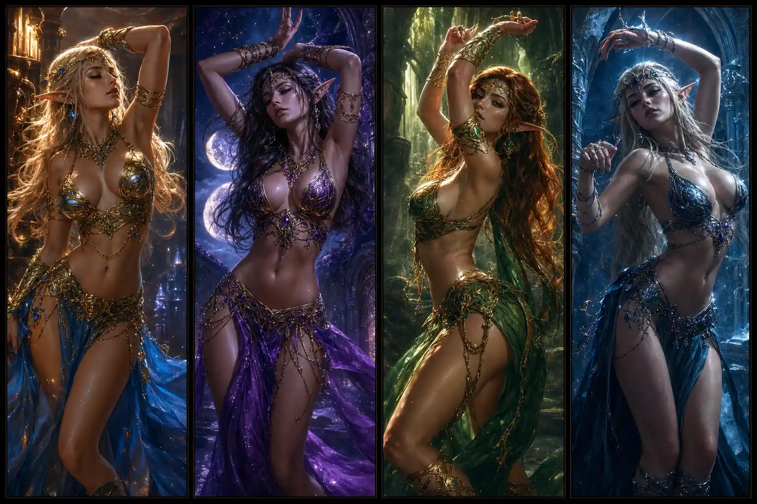 Sultry elf warrior dancing in jeweled fantasy armor