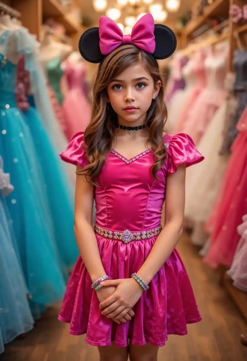 Nervous boy in pink Minnie dress posing in shop