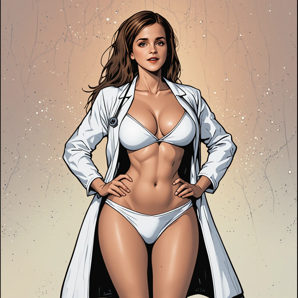 Curvy woman in white bikini and lab coat with stethoscope