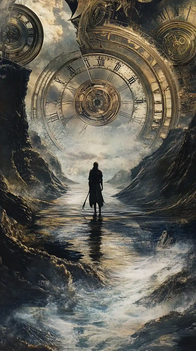 Mystic ferryman on a looping river of antique clock rings