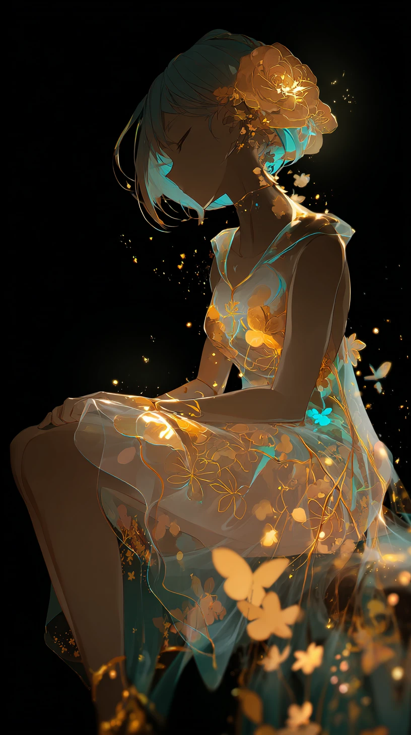 輝く花の幻想ドレスのアニメ少女