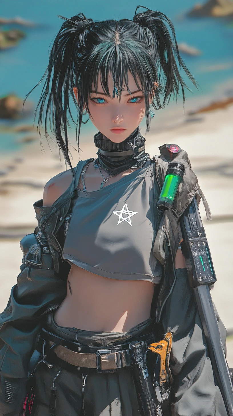 Anime girl with star amulet in futuristic outfit