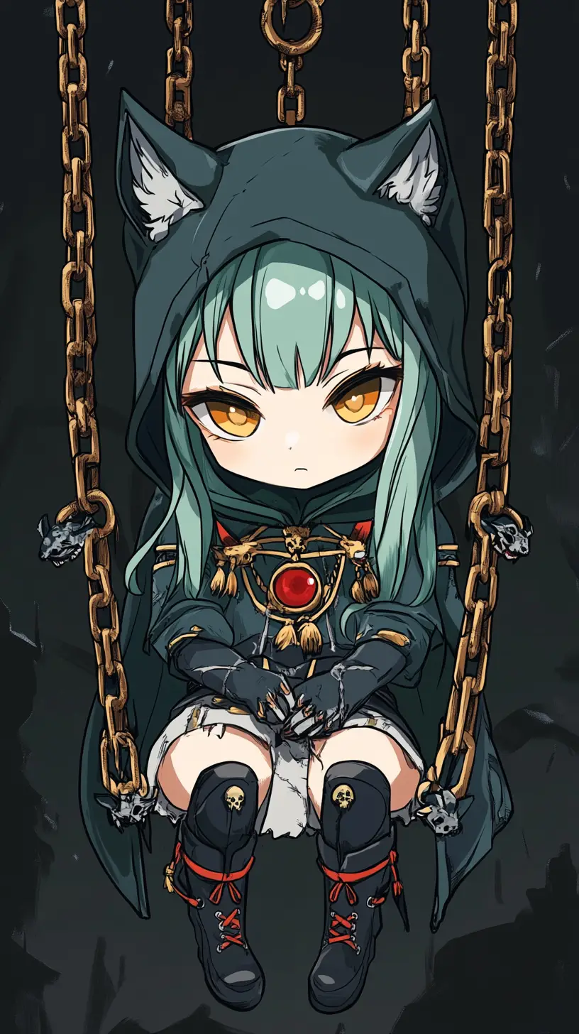 Ragazza anime chibi con outfit verde e lunghi capelli fluenti
