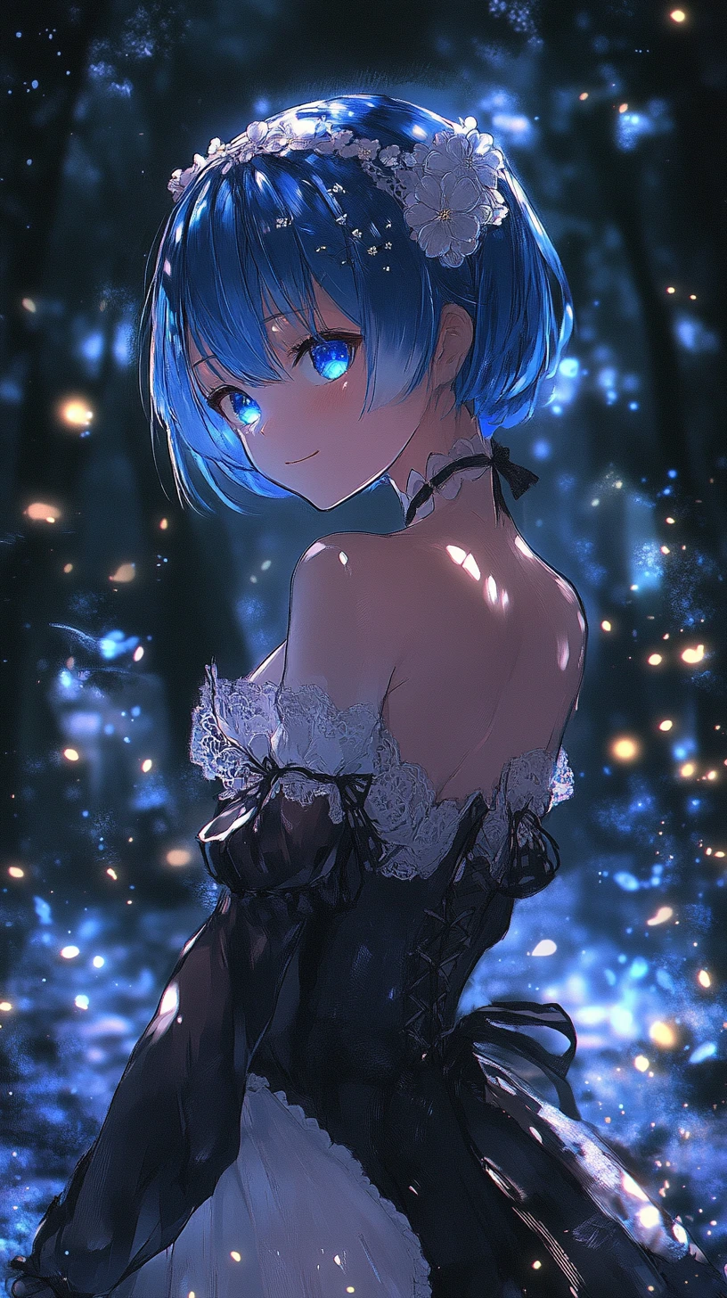 Blue haired anime maid in a glowing enchanted forest