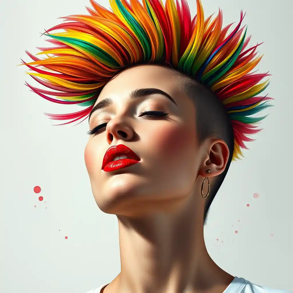 Woman with rainbow mohawk in a dreamy close up portrait
