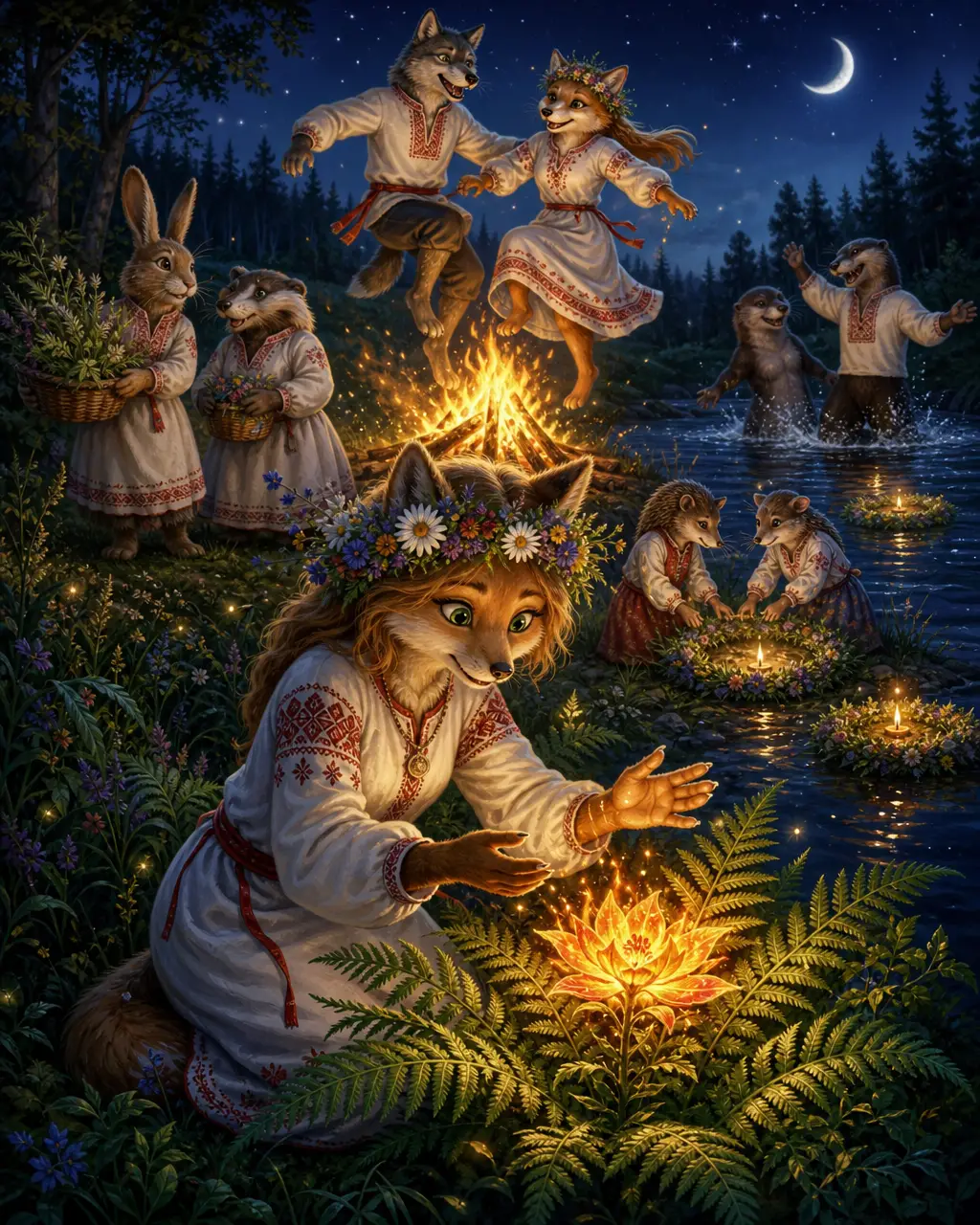 Anthropomorphic animal girl before a magical fern flower