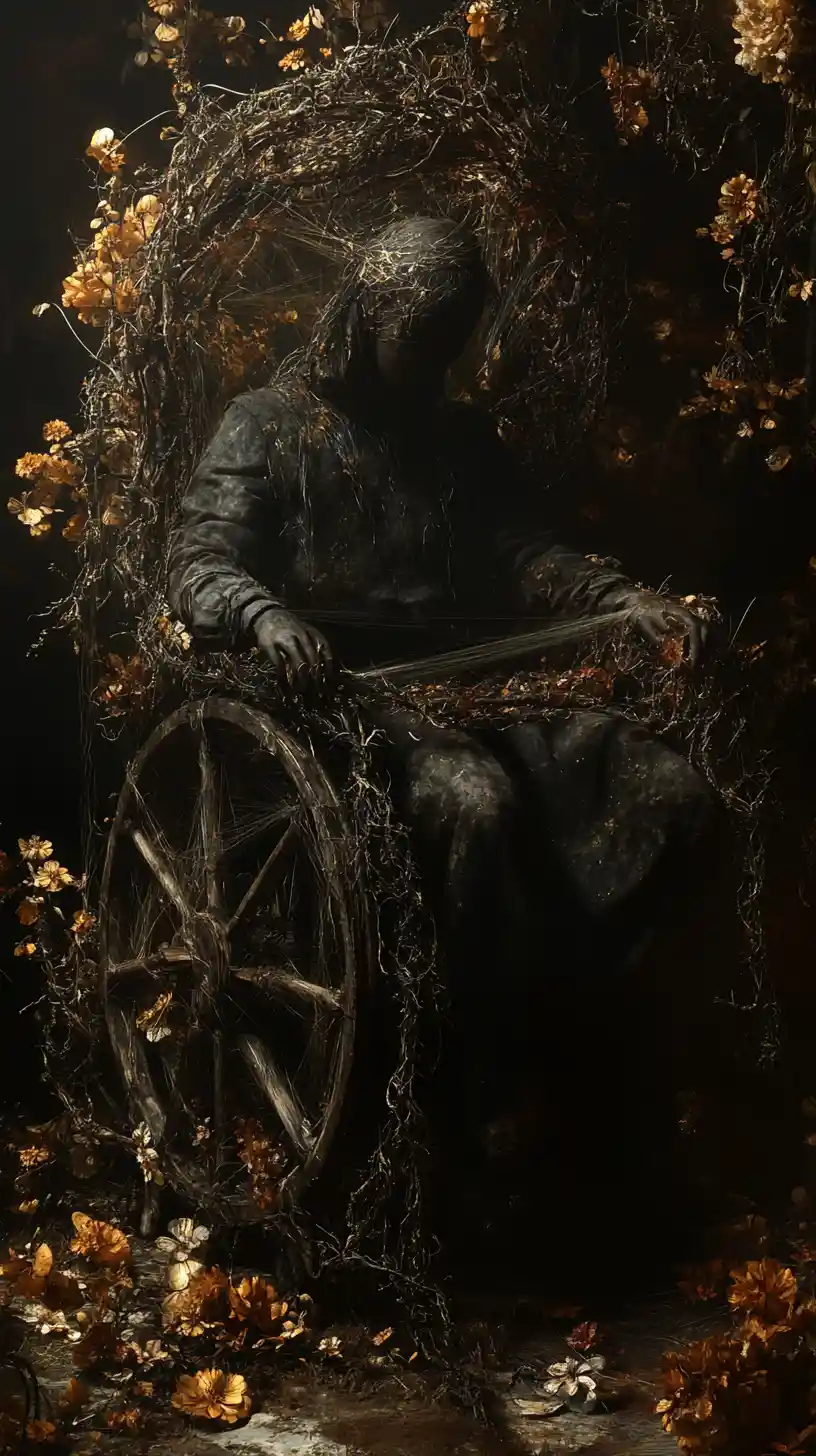 Mysterious figure at a vine spinning wheel in darkness