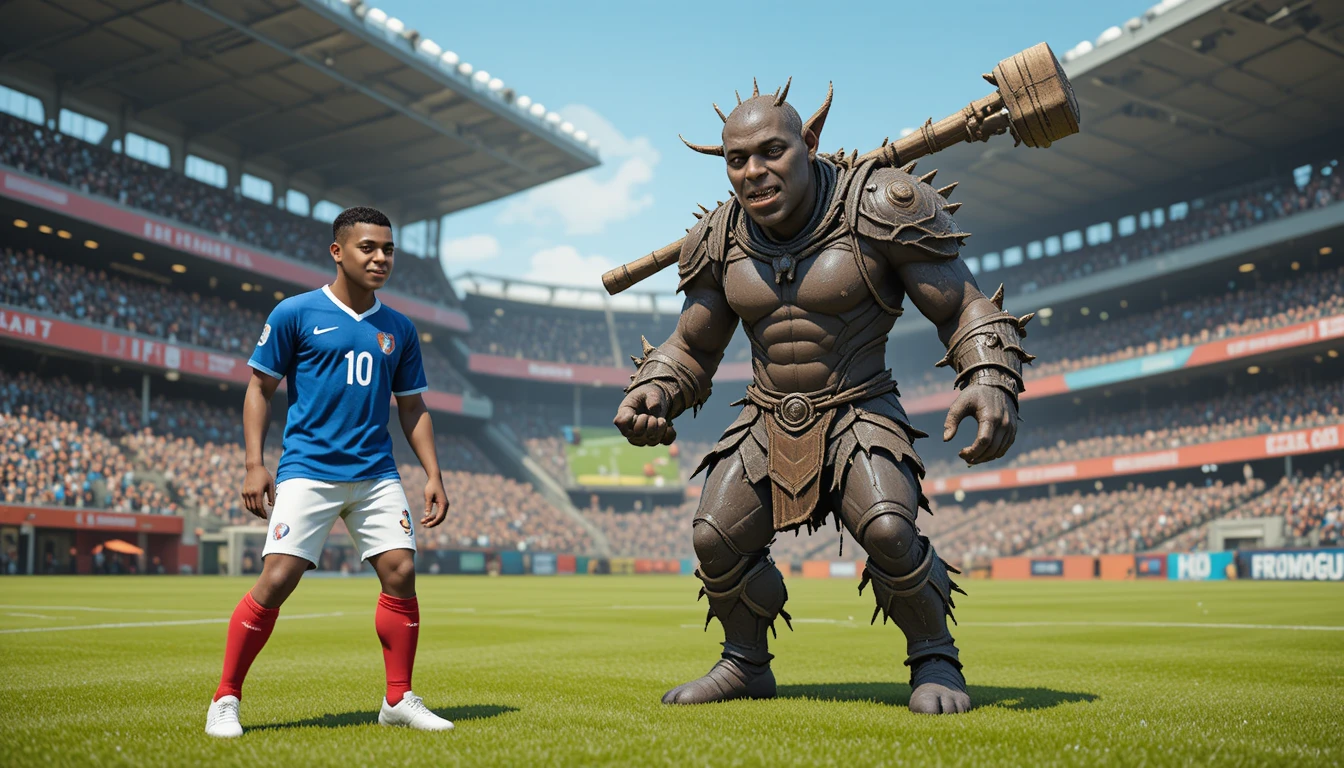 Soccer player faces imposing orc warrior on stadium field
