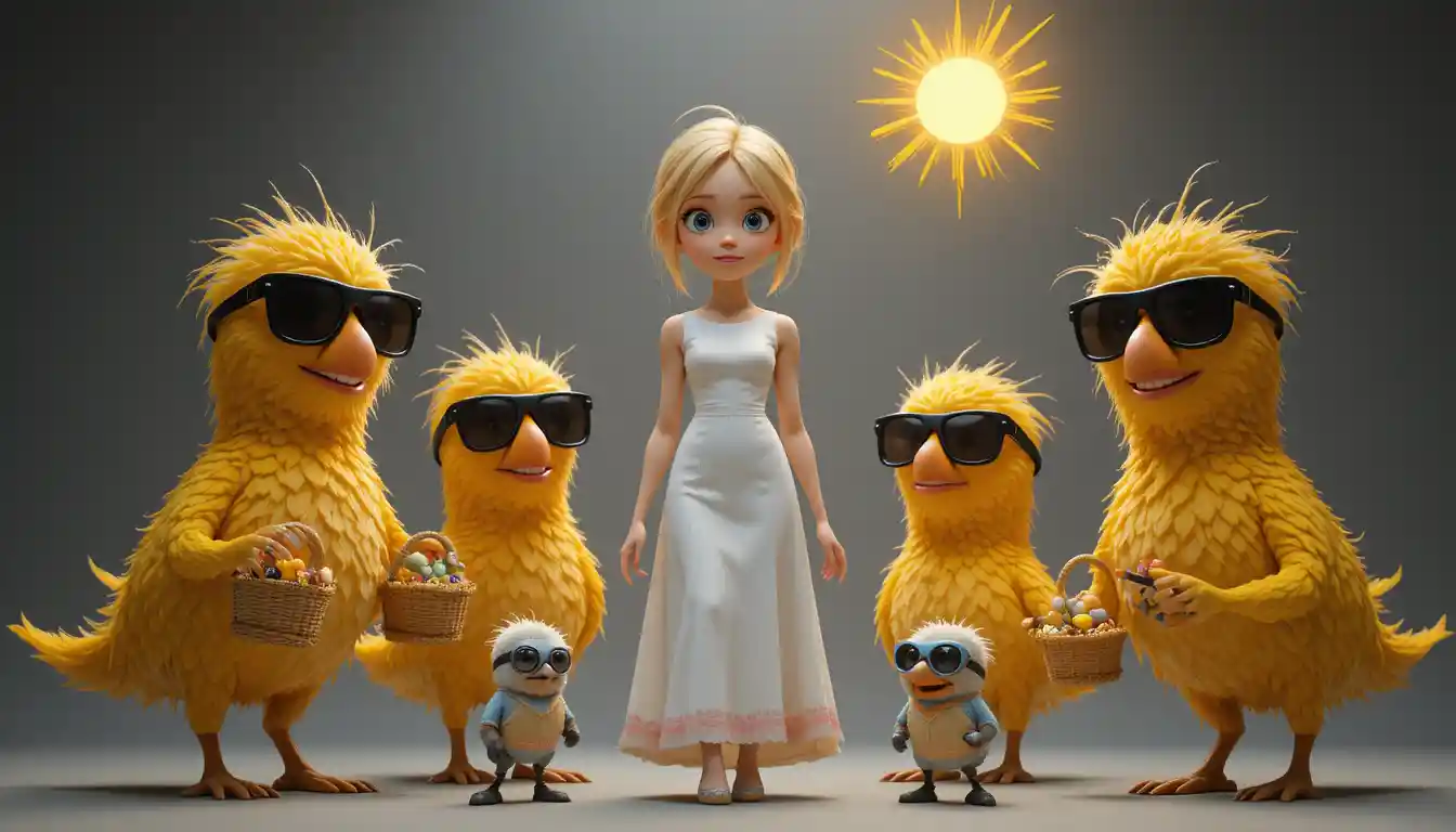 Blonde girl with smiling cartoon bananas in 3D studio
