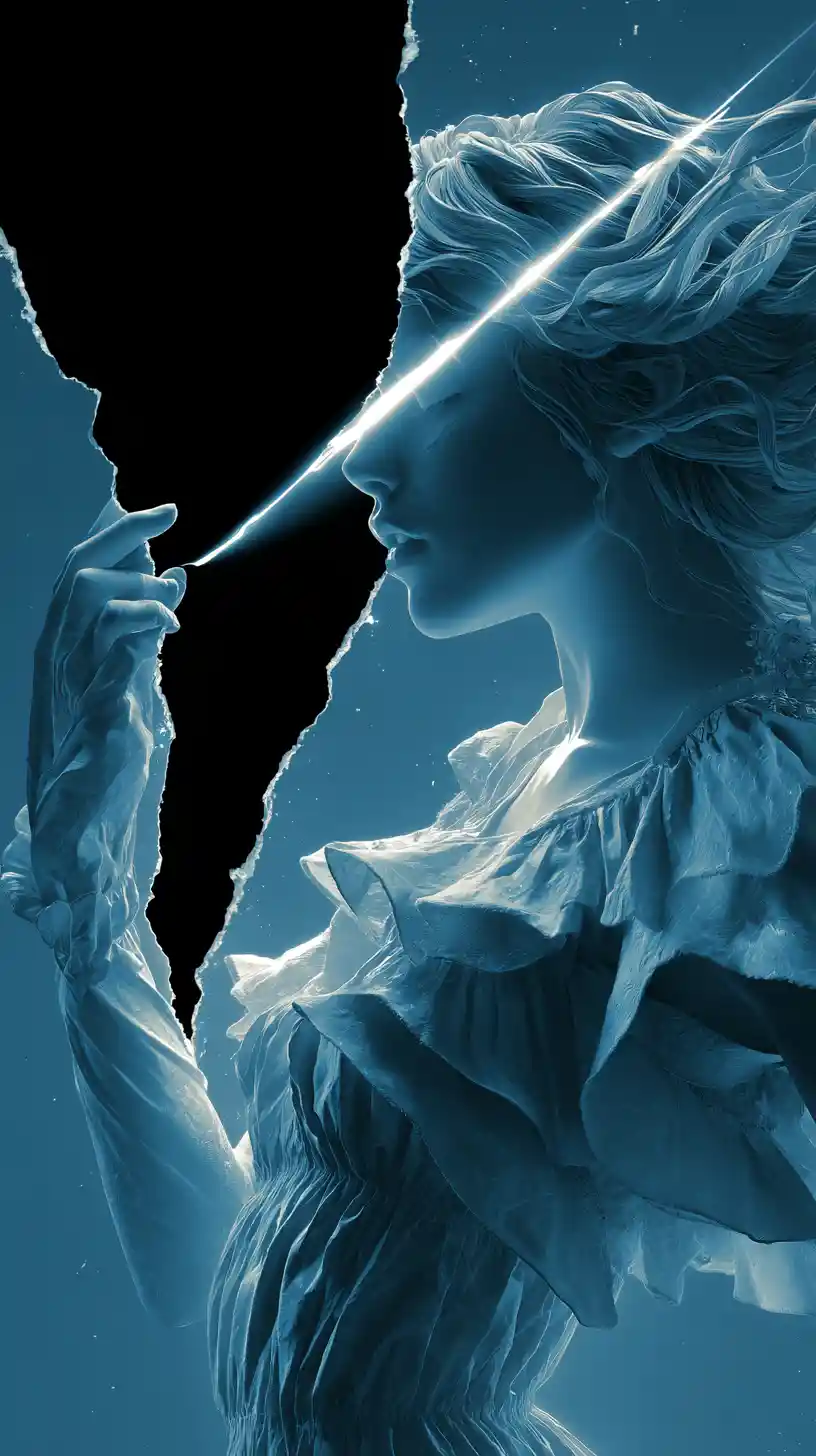 Ethereal woman emerging through a torn veil of reality