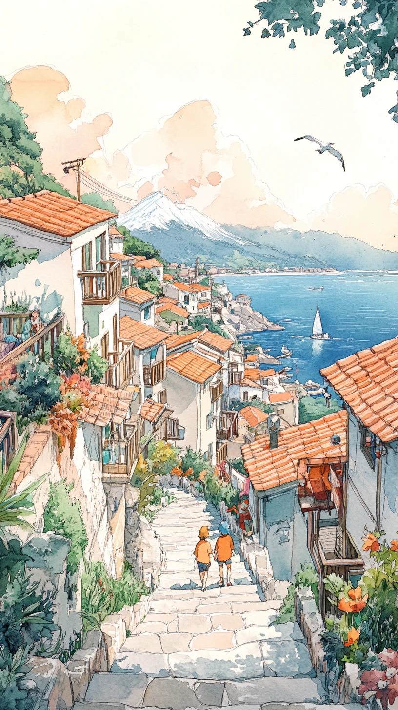 Watercolor hillside village path leading to a calm sea