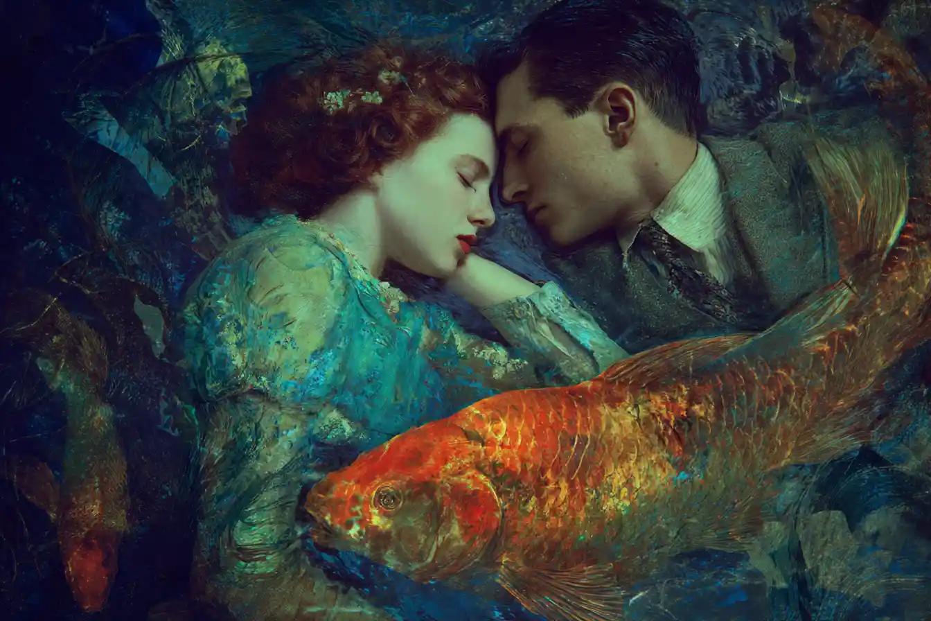 Melancholic mermaid drifting through a drowned underwater library