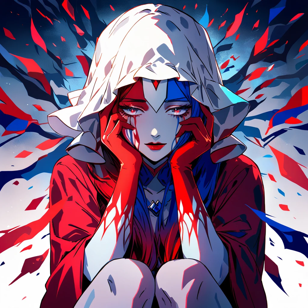 Woman kneeling in a moonlit field with sorrowful gaze