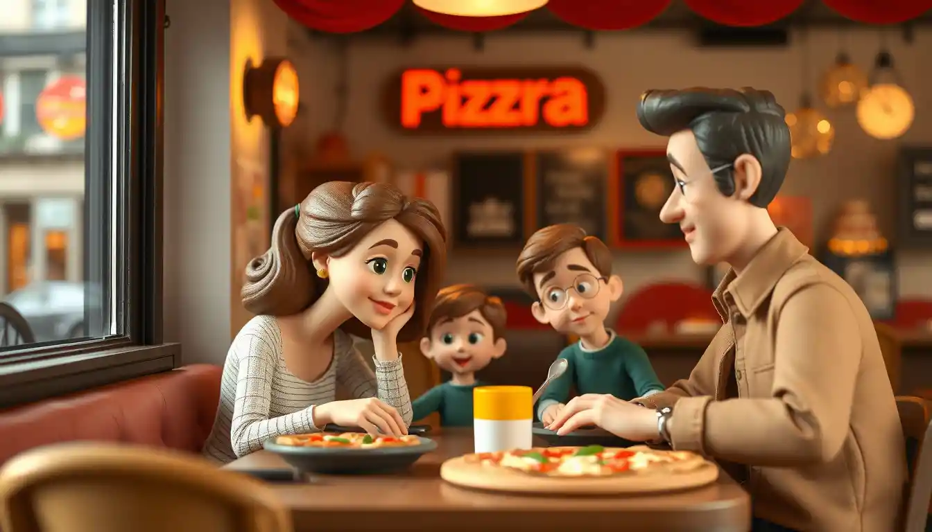 Claymation family sharing pizza at a cozy restaurant in Paris