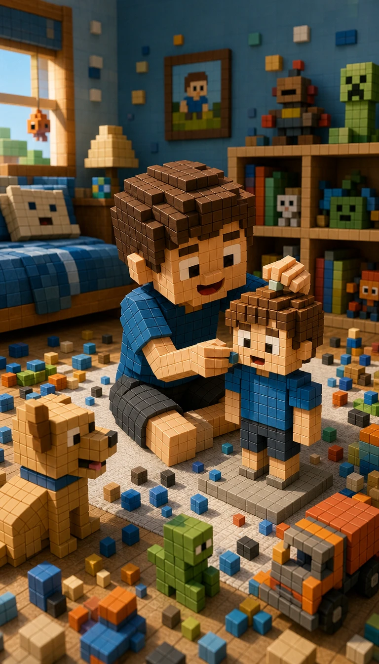 Garçon construisant une sculpture en cubes à son effigie