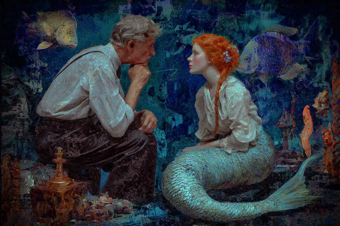 Melancholic mermaid among books in a drowned library